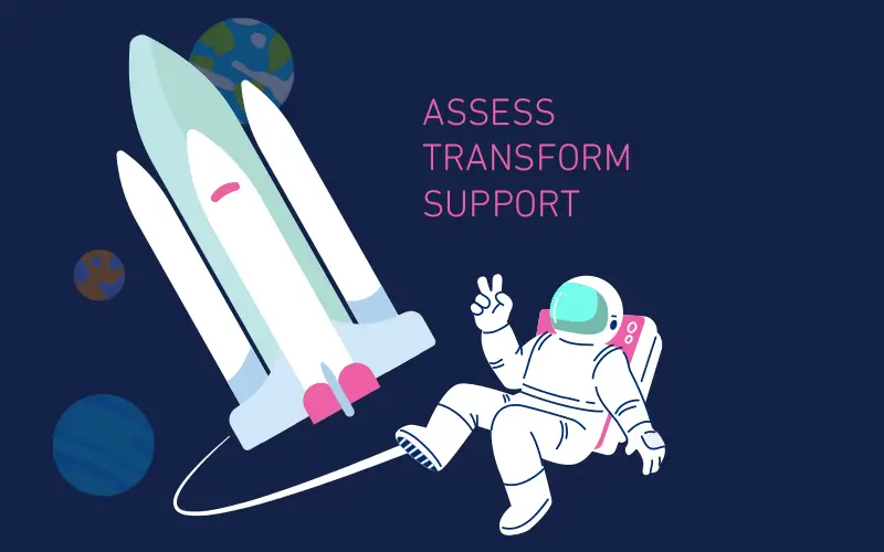 Speed2Mkt illustration showing an astronaut and rocket symbolising the company’s process: Assess, Transform, Support